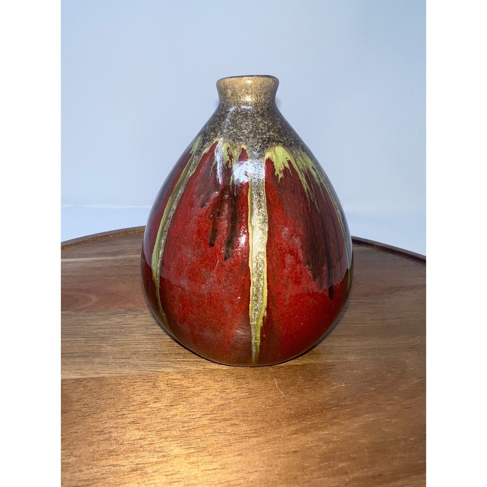 Artisan‎ Ceramic Vase Red Green Drip Glaze Unique Bud Vase